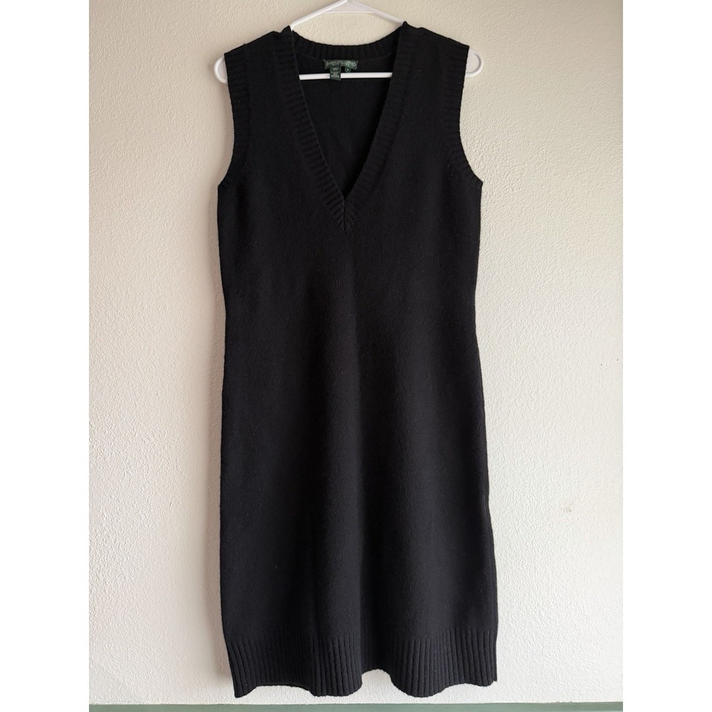 Lauren Ralph Lauren‎ Women's Cashmere Wool Black V Neck Sleeveless Dress S